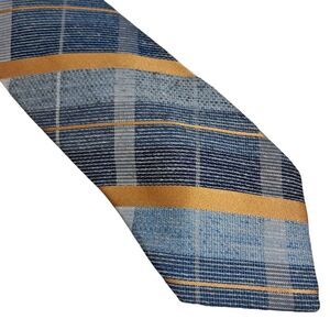 Handmade Vintage Plaid Necktie Blue Yellow Textured Polyester 3x58 Elegant Party